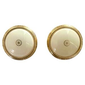 Hermes Authentic Stunning Gold Cream Enamel Round Carriage Wheel Clip Earrings
